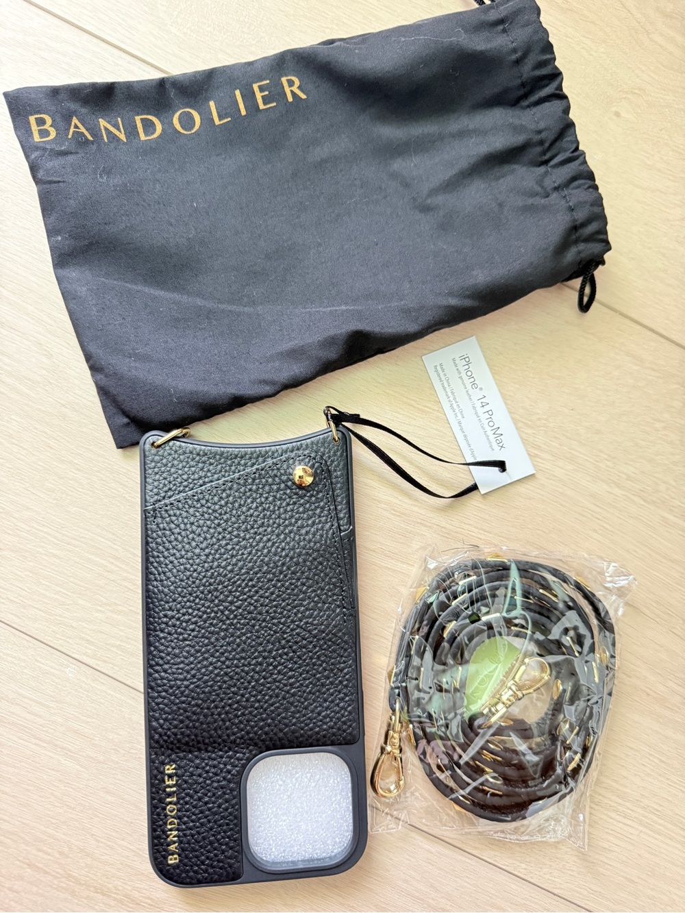 Brand New Bandolier Black Leather Phone Case with Strap. iPhone 14 Pro Max.